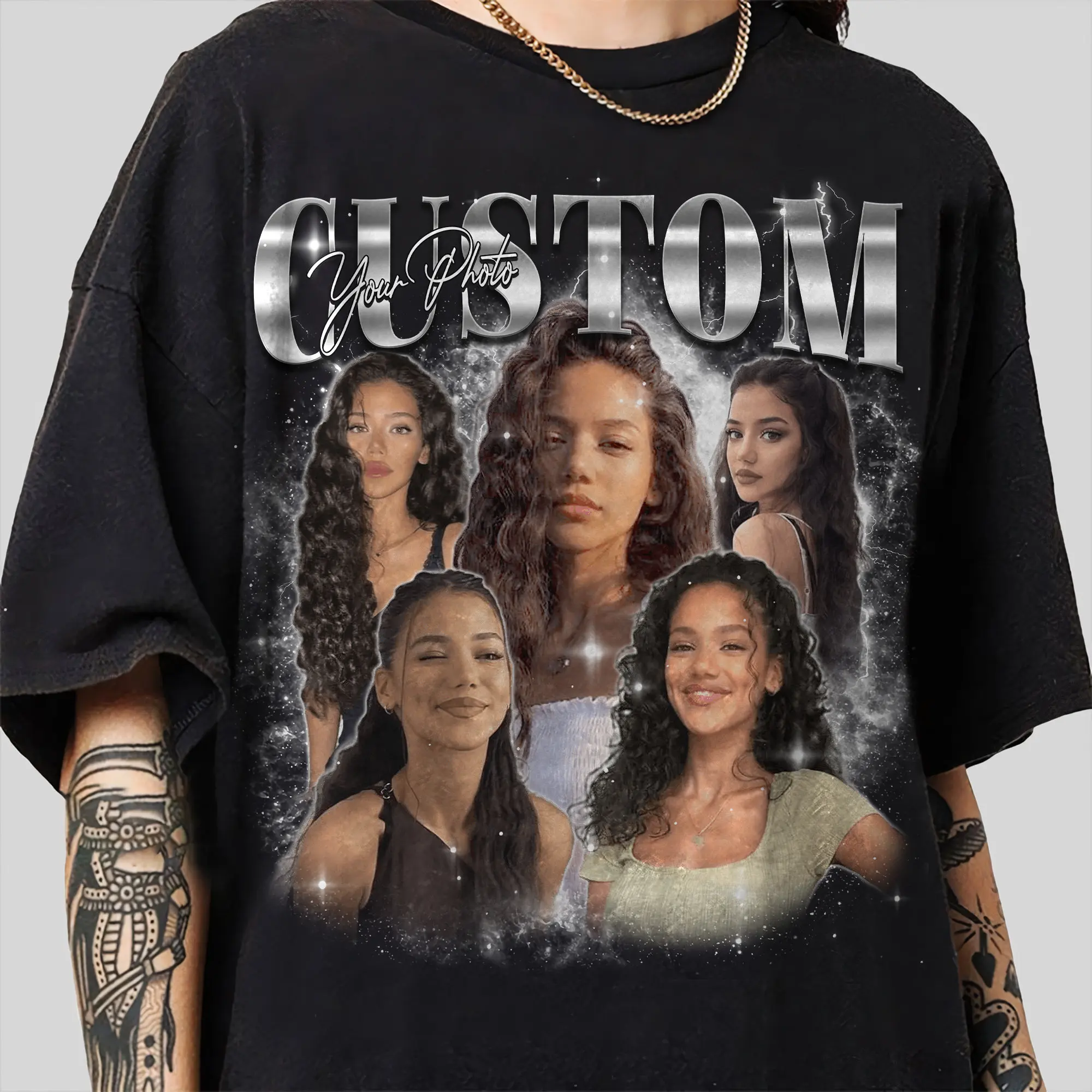 Women's Personalized 90s Vintage Bootleg Rap T-Shirt - Custom Photo, Custom Graphic, Baggy Oversized Round Neck Cotton Casual Loose Top, Custom Graphic Women's T-Shirts