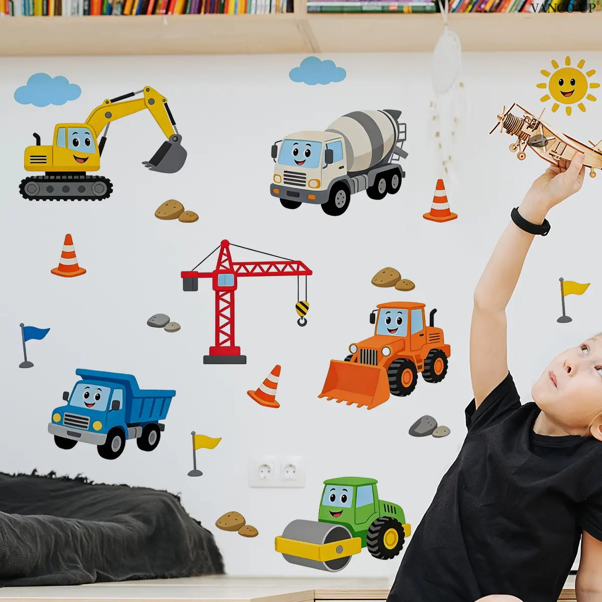 1Pc (30*90cm) Cartoon Engineering Vehicle Self-Adhesive Wall Sticker, Excavator Crane Wall Decor for Kids Room