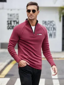 Men's Spring & Fall Solid Color Fleece Lined Pullover Sweatshirt, Half Zip Stand Collar Warm Top, Outdoor Casual Comfort
