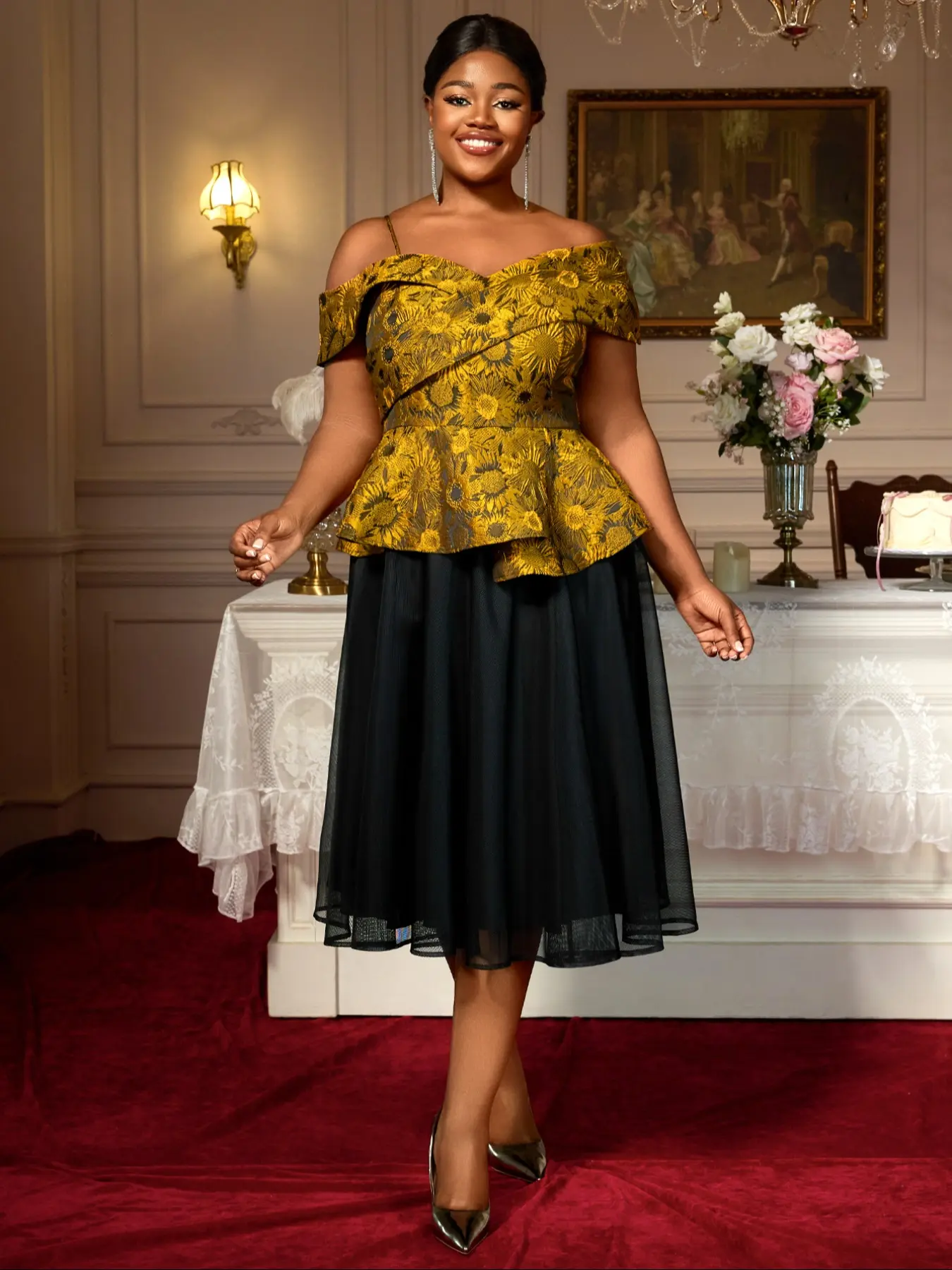 Large size Oversized Chic two-piece set with embroidered irregular sleeves and a black mid-length woven mesh skirt with a cinched waist for women. Dresses Womenswear Embroidery