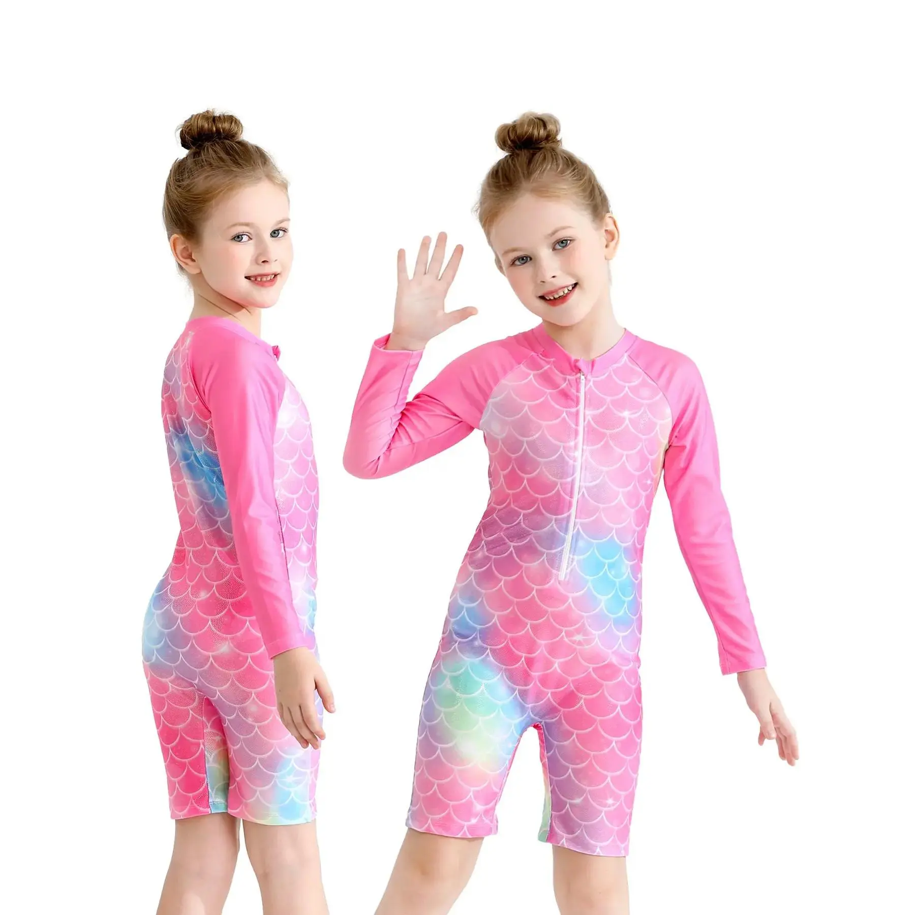 Girls' One-Piece Swimsuit Long Sleeve Surfing Suit, UV Protection Swimwear, Fish Scale Pattern Front Zipper, Swimming Costume