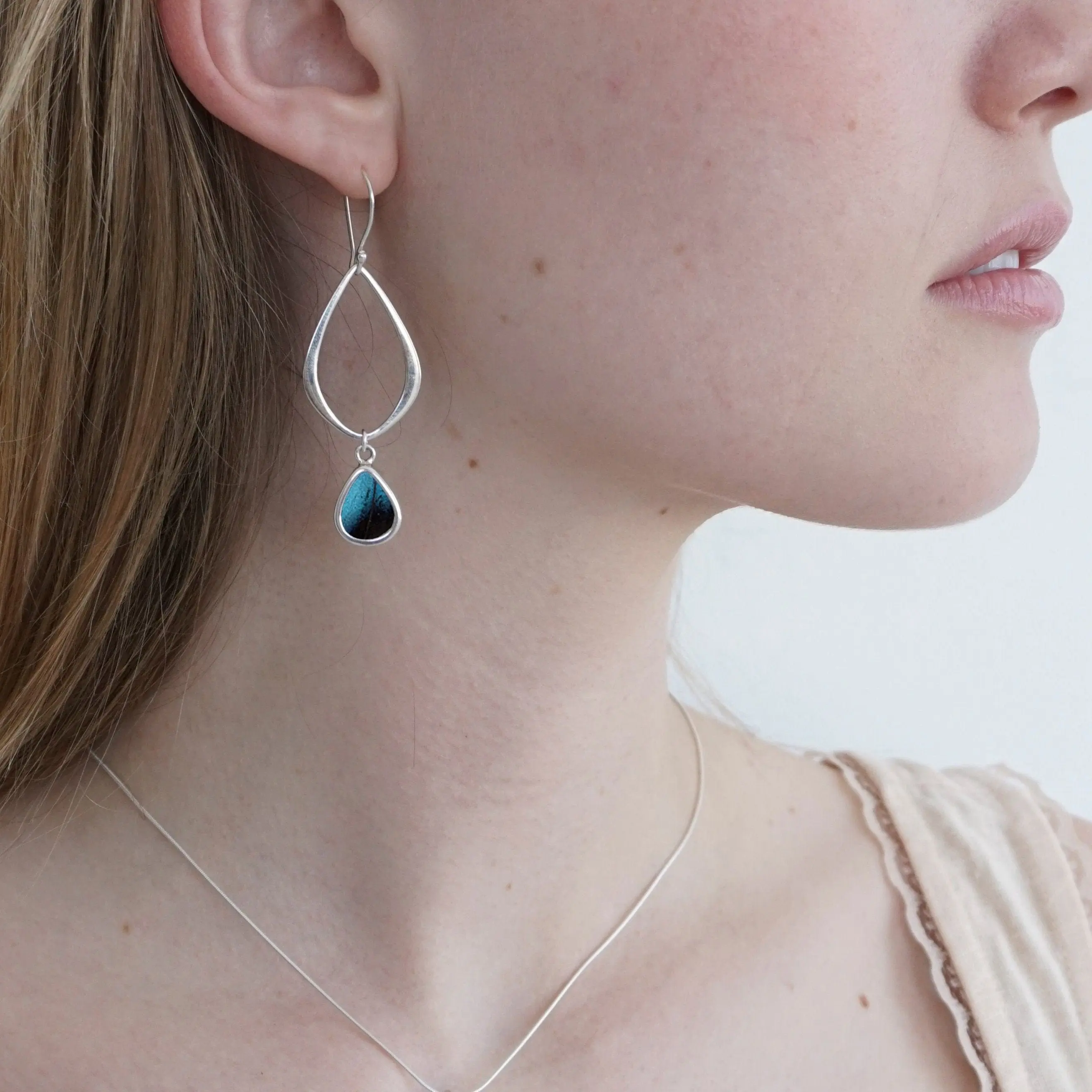 Real Morpho Achilles Butterfly Small Teardrop Pendant On Large Teardrop Earrings In Sterling Silver