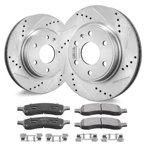 Drilled Slotted Front Brake Rotors And Pads Kit For Chevrolet Traverse And GMC Acadia - OE Fit, Premium Quality, Cross Drilled Vented Rotors With Ceramic Pads, Easy Install, All Weather Braking Performance