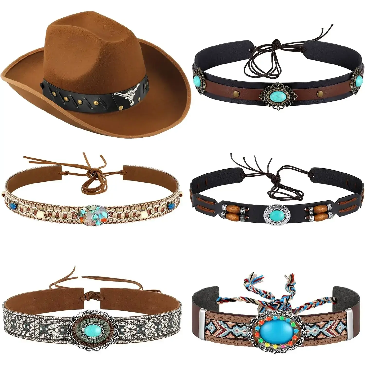 6 Pcs Sturdy Mexican Turquoise Hat Band Replacements - Ethnic Western Rural Classical Cowboy Hat Accessories with Belts, Beads, Hair Bands for Clothing Accessories