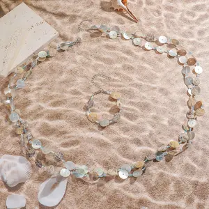 Boho Shell Disc Necklace Bracelet Set for Women Layered Natural Shell Beaded Jewelry Set Coastal Beach Vacation Accessories Handmade Statement Jewelry