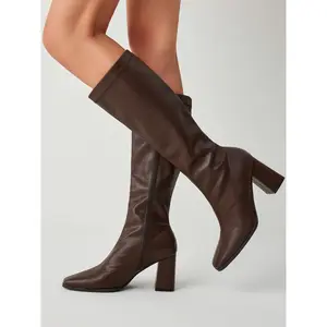 Cider [3 colors, size 6-11] Classic Chunky Heeled Faux Leather Knee High Boots