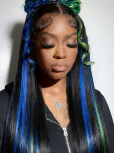 26 Inch Black Blue And Green Highlights Straight Lace Front Wig |Heat Resistant Synthetic Fiber, Soft & Lightweight Natural Parting Long Length, Heat Resistant Wigs, Lace Frontal Wigs