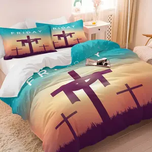 Christian Vintage Simple Cross Bedding Set, Good Friday Theme Print, Soft Breathable All-Season Comfort, Includes 1 Duvet Cover and 1 or 2 Pillowcases Without Pillow Core, Breathable And Comfortable Bedding For Bedrooms And Dormitories