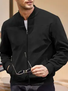 Men's Solid Windproof Stand Collar Jacket, Zipper Design, Versatile and Stylish, Essential for Seasonal Wardrobe, Perfect for All Occasions