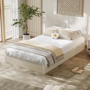 Cream White Twin Size Bed Frame, Wood Platform Bed, Fluted Bed Frame, Minimalist Bed Base with Low Profile Design, Noise-Free, Easy Assembly, No Box Spring Needed