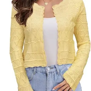 Women's Cropped Cardigan Sweater Bell Long Sleeve Lightweight Crochet Button Down Casual Knit Bolero Shrugs