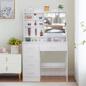 White Vanity Desk with Sliding Mirror, 10 LED Lights , Makeup Vanity Mirror with 3 Lighting Color Adjustable, Dressing Table Set with Drawers Shelves Storage cabinet for Bedroom