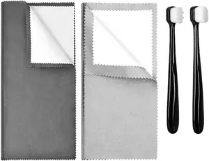 2PCS Jewelry Cleaning Cloth, Silver Polishing Cloth Jewelry,2 PCS Ultra-Soft Brushes (Flat & Wave) for Cleaning Gold, Diamonds, Platinum, Gemstones, Coins (Black and Gray)