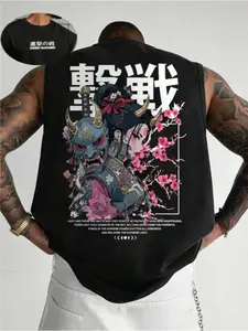 Men's Loose Fit Japanese Koi Mask Cherry Blossom Vest, Street Style Sleeveless T-Shirt, Graphic Long Top Without Zipper, Streetwear