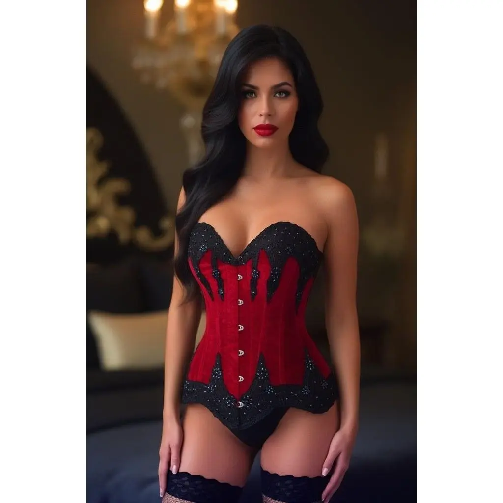 Top Drawer Dark Red Velvet & Beaded Steel Boned Overbust Corset