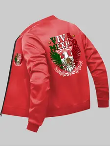 Men's Eagle & Letter Print Pocket Zip Up Bomber Jacket, Casual Regular Fit Long Sleeve Mock Neck Outerwear for Fall & Winter, Men's Clothes for Daily Wear, Casual Fashionable Jacket