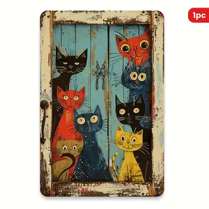 One Whimsical Cat Peeking Vintage tin Sign - with Vibrant Cartoon Cats for Country Wall Art, Suitable for Home, Bar, Tavern or Outdoor Decor8*12in