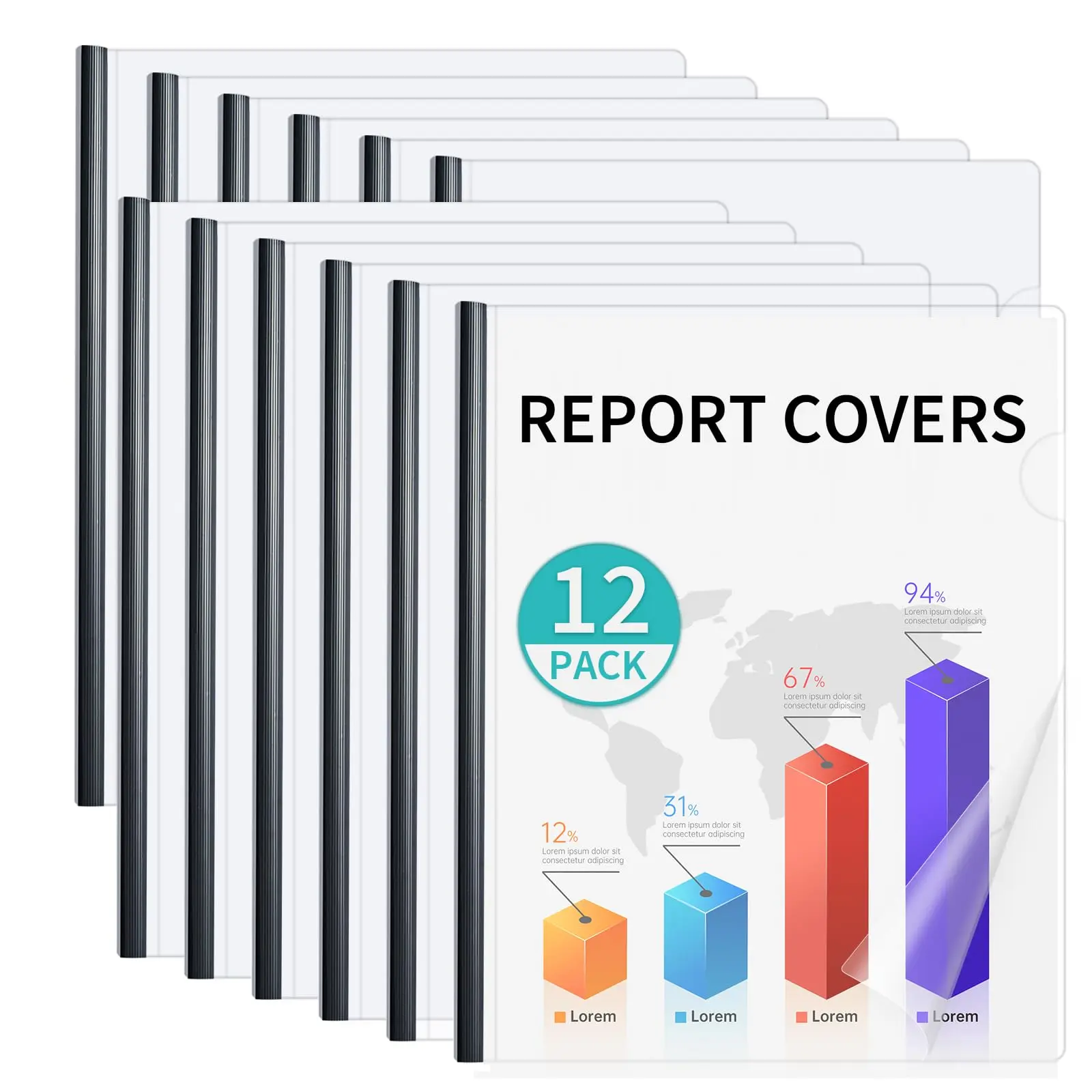 Transparent Polypropylene Clear Report Covers with Sliding Bars, 70-Sheet Capacity, Letter Size, Document Hold Function, 12-Pack for School/Office Filing
