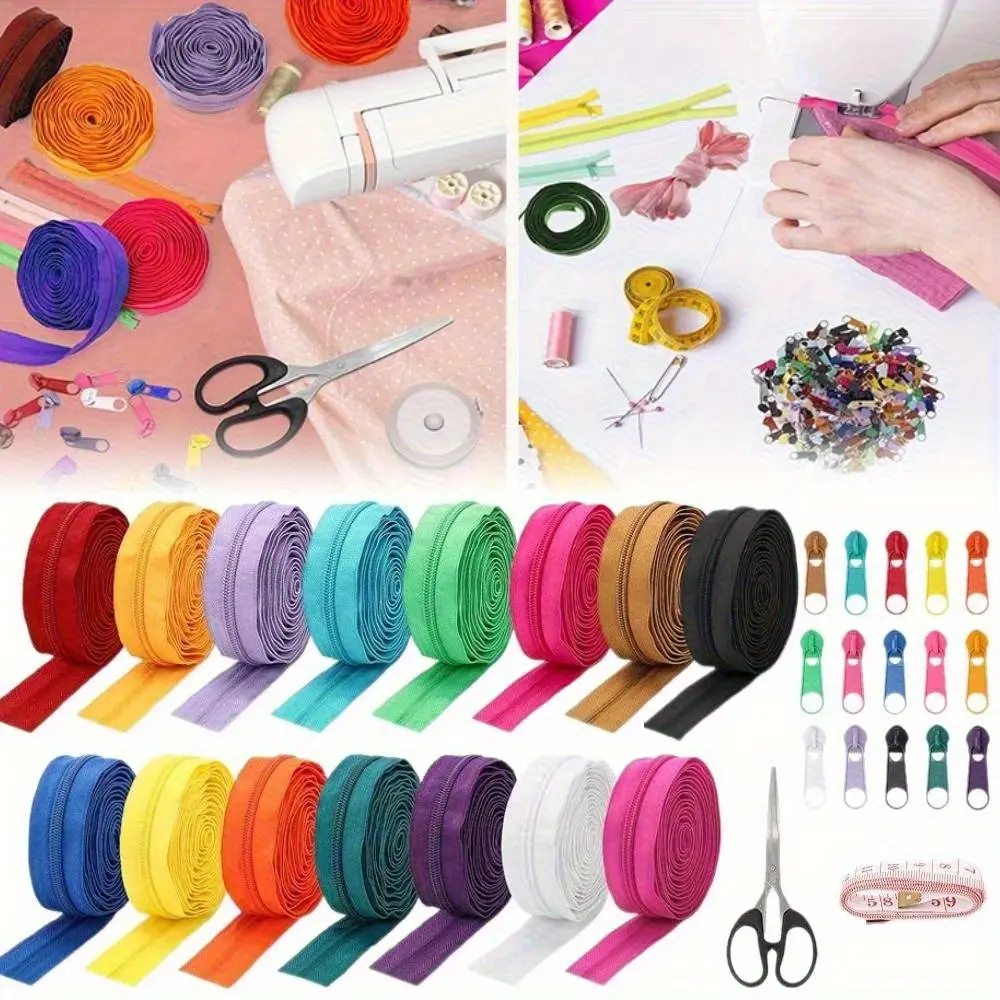 45 Yards Nylon Coil Zippers with 90Pcs Pull Heads, Scissor, Ruler, Assorted Lengths Sewing Zipper for DIY Sewing Crafts Zipper Tape for Clothes, Bag, Purse Making Supplies Kit