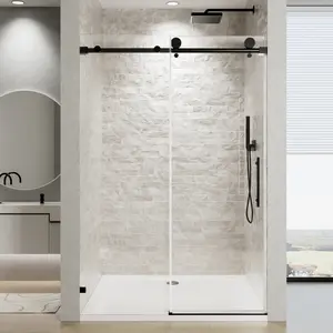 60" W x 76" H Frameless Single Sliding Soft-Close Matte Black Shower Door with 5/16" (8mm) Clear Nano-Coated Tempered Glass and Stainless Steel Handle