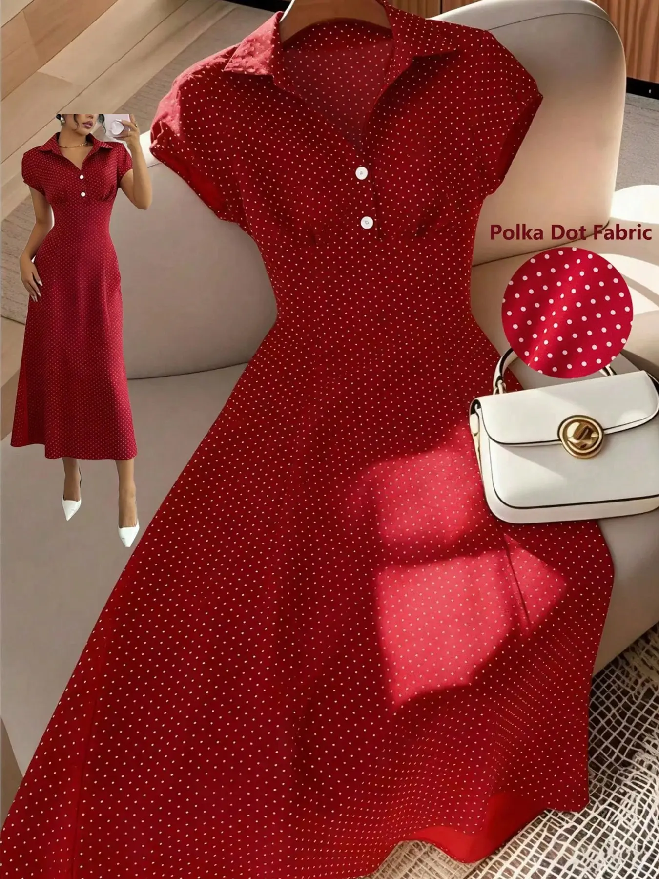 Women French Retro Polka Dot V Neck A Line Long Dress, Spring Summer Slimming Short Sleeve Dress for Commute Date, Casual Wear