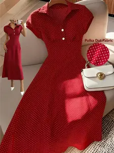Franclia Vintage French V Neck Polka Dot A Line Short Sleeve Dress, Elegant Waist Fitted Casual Midi Dress For Spring Summer Dating Party Office Commute Holiday Wear