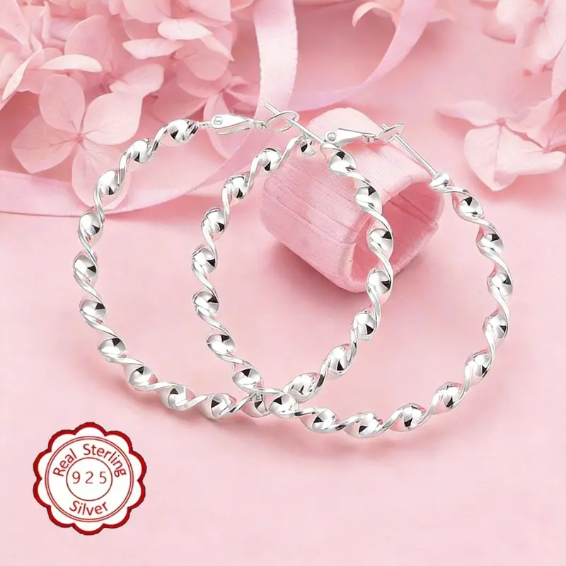 925 Sterling Silver Hoop Earrings for Women, Large 5cm Twisted Round Design, Lightweight and Hypoallergenic for Daily Wear, Earring, Elegant, Female, Versatile, Circular Detail Earrings, Hoop Circular