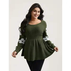 BloomChic Women's Plus Size Floral Cable Knit Sweater, Casual Fitted Bodycon Pullover with a Heart Neckline and Long Sleeves, Army