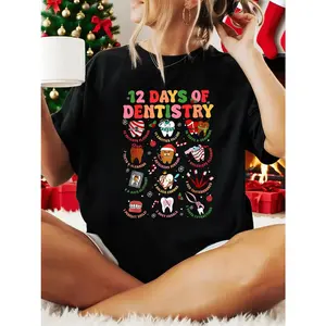 Christmas Women's T-shirt 12 Days Of Dentistry Cotton Round Neck Short Sleeves Super Soft Stylish Dental Hygienist Tee for Daily Wear