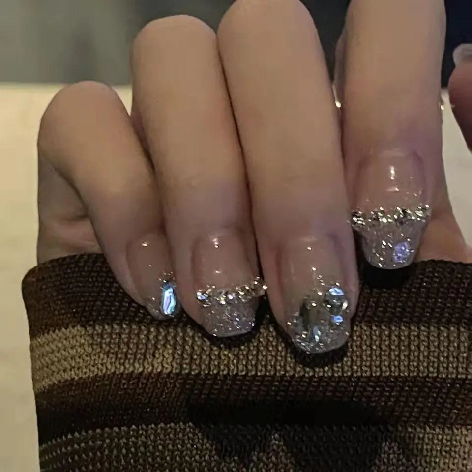 10pcs Handmade Spring Summer Press on Nails Bridal Sequins Bling Rhinestones Fake Nails Stick-on Nails with Design Self-nail