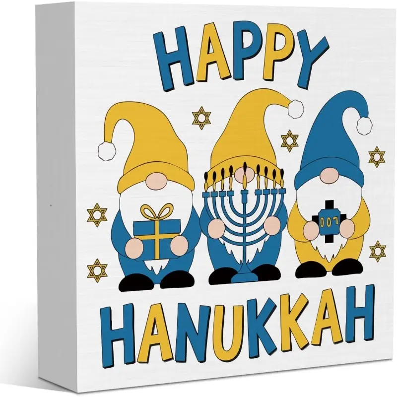 Happy Hanukkah Chanukah Decorations Funny Christmas Decor Christmas Hanukkah Gift Wooden for Men and Women Dad Mom Office Desk Table Shelf Home Room 5 x 5 Inches