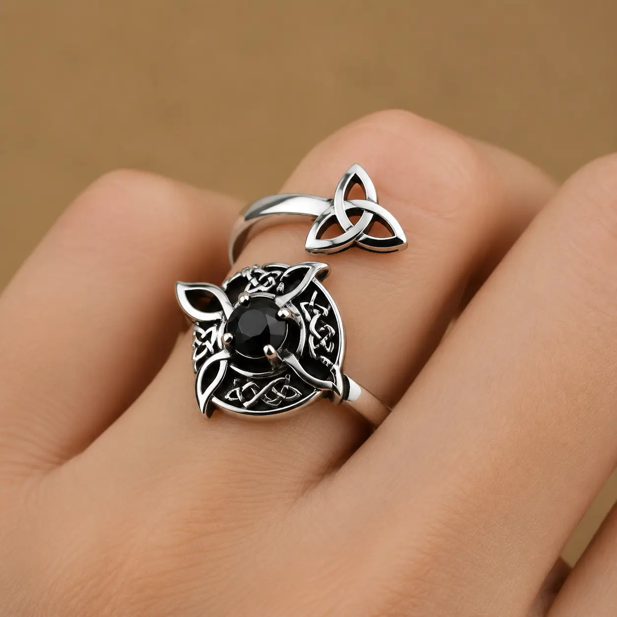 Adjustable Moon Witch Knot Ring with Black Diamond Accents, Goth Alternative Artistic Moon Motif Ring, Women's Adjustable Fashion Accessory, Mystic Style Unique Gift
