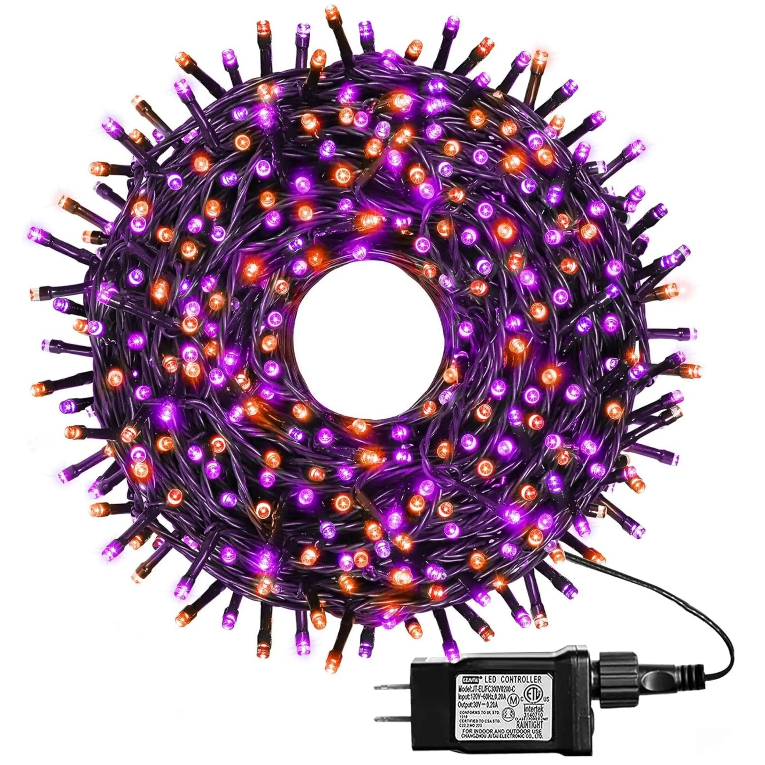 Halloween string lights set in orange and purple, total 12 m/39.37 ft, IP44 protection, 100 LED lights, orange and purple solar-powered Halloween lights, 8 modes, 100 flashing orange lights, suitable for Halloween party decoration, black wire.