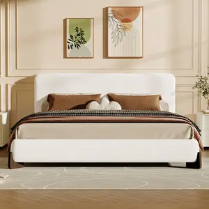 Elegant Terry Upholstered Bed With Dark Brown Solid Wood Legs, Luxurious And Comfortable Bedroom Centerpiece, King Size, White