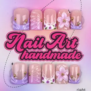 Delicatething Y2K Style Square Nails, Handmade Wearable Nails, 4 Sizes XS S M L, Perfect for Parties, Includes Glue, Pusher, File