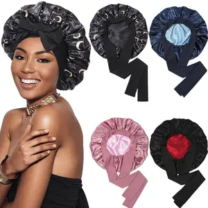 AWAYTR Satin Bonnet Reversible Two-Color Silk-Like Night Cap for Sleeping Fashion Women's Double Layer Hair Bonnets with Elastic Tie Band Haircare Hats Heatless Black-Red