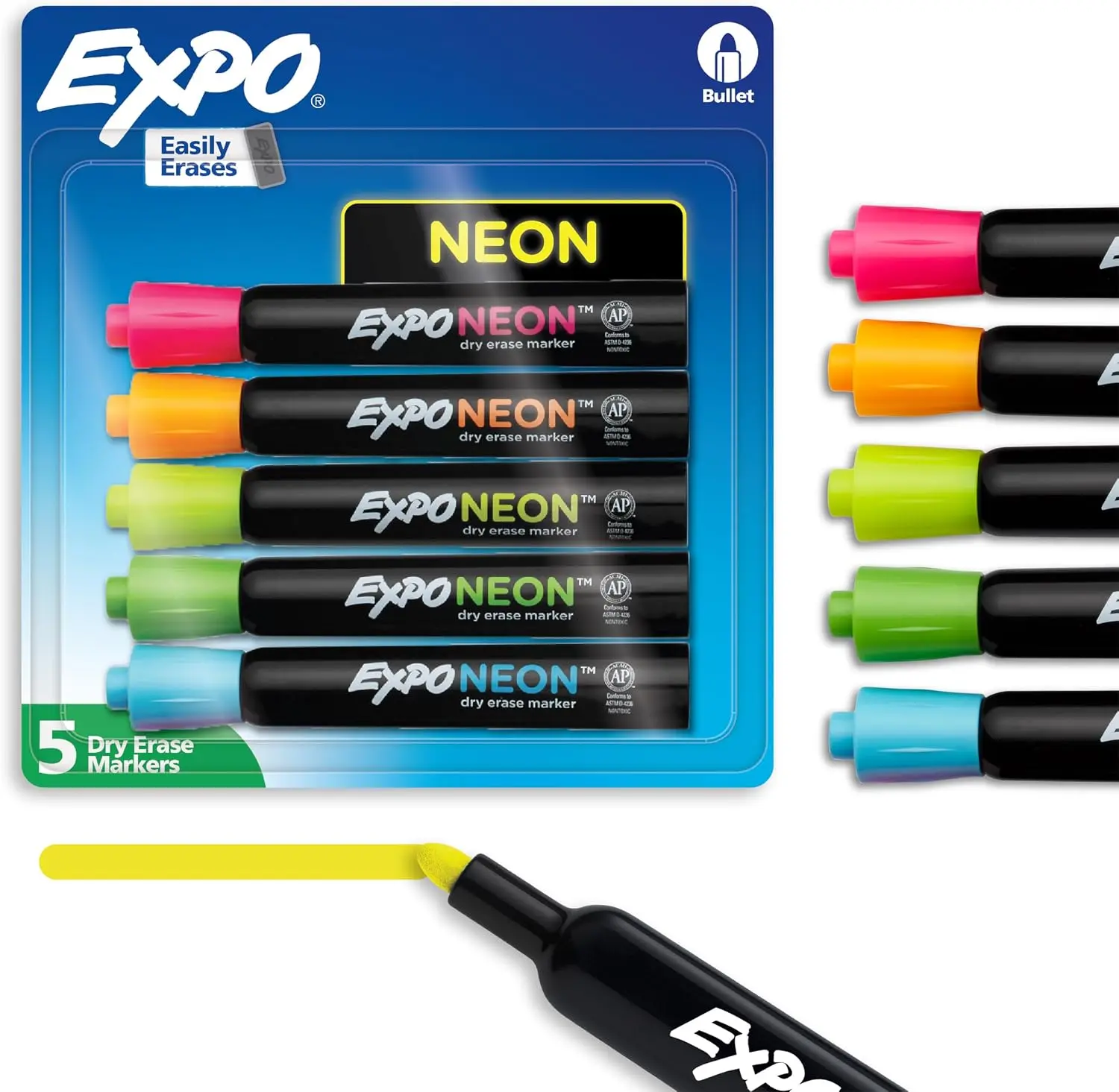 EXPO Neon Dry Erase Markers, Assorted, Bullet Tip, 5 Count - Fun, Vibrant Colors for Whiteboard, Glass, Acrylic, Home Organization