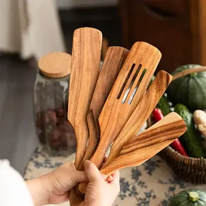 5pcs Premium Teak Wooden Kitchen Utensils Set – Spatula, Slotted Turner & Spoon for Nonstick Cookware, Heat Resistant