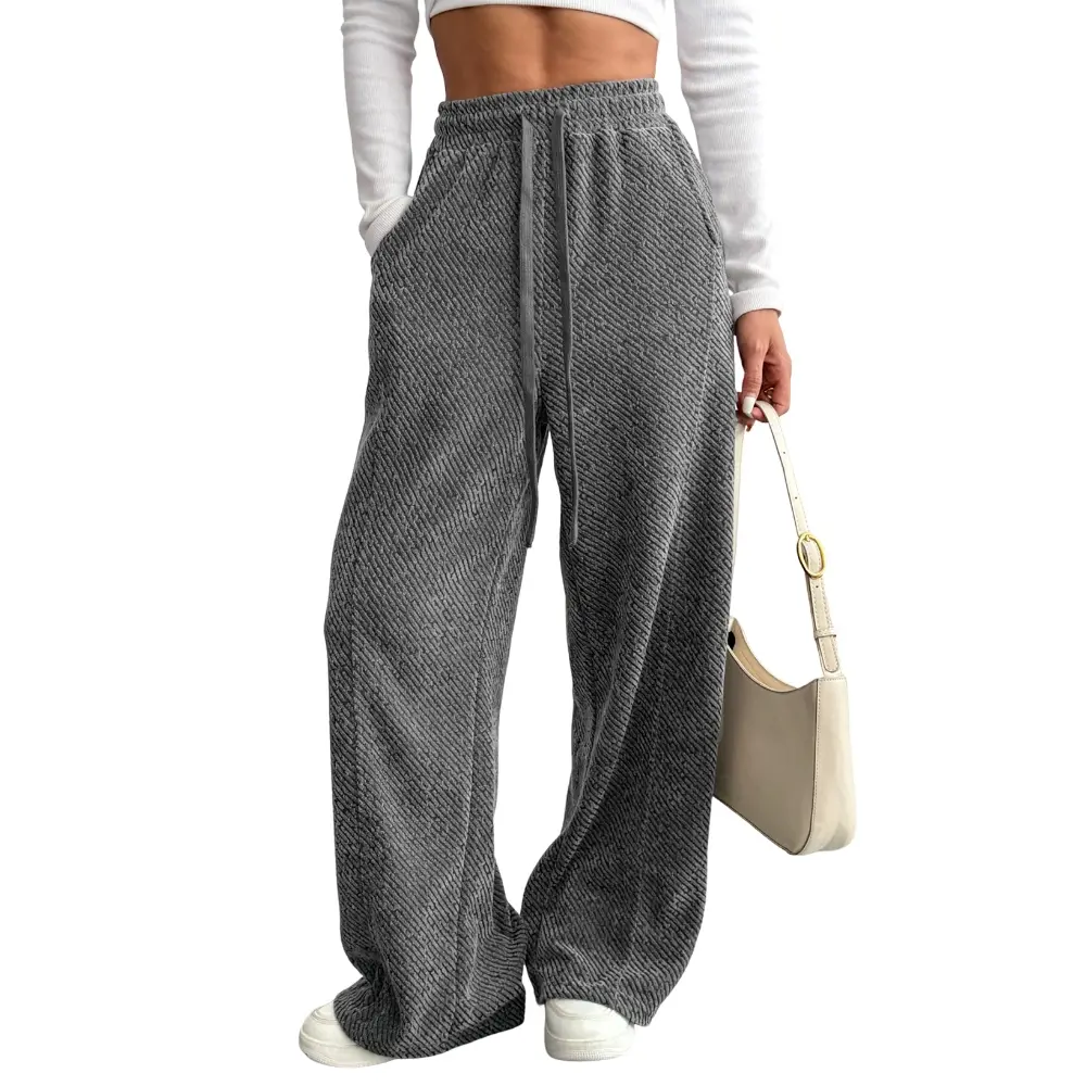 Dokotoo Wide Leg Pants for Women Soft High Waisted Elastic Drawstring Pants Casual Fall Fashion Palazzo Pants Loose Fit Stretchy Business Office Outfits Solid Straight Jacquard Trousers with Pockets