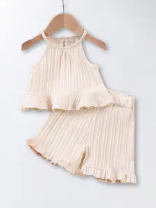 Girls Summer New Sleeveless Halter Top Casual Lace Shorts Two-Piece Set, Fitted Regular Length, Plain Pattern, Casual Style, Clothes, Clothing