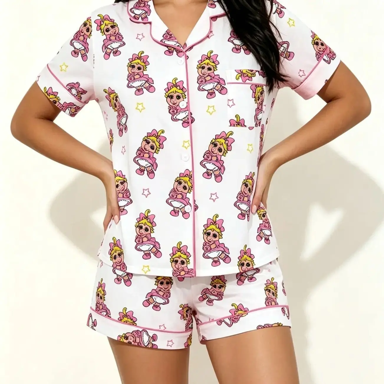 Adorable Cartoon Pig Pajama Set with Bow, Soft Breathable Short Sleeve Top & Elastic Shorts, Comfortable Two-Piece Home Wear