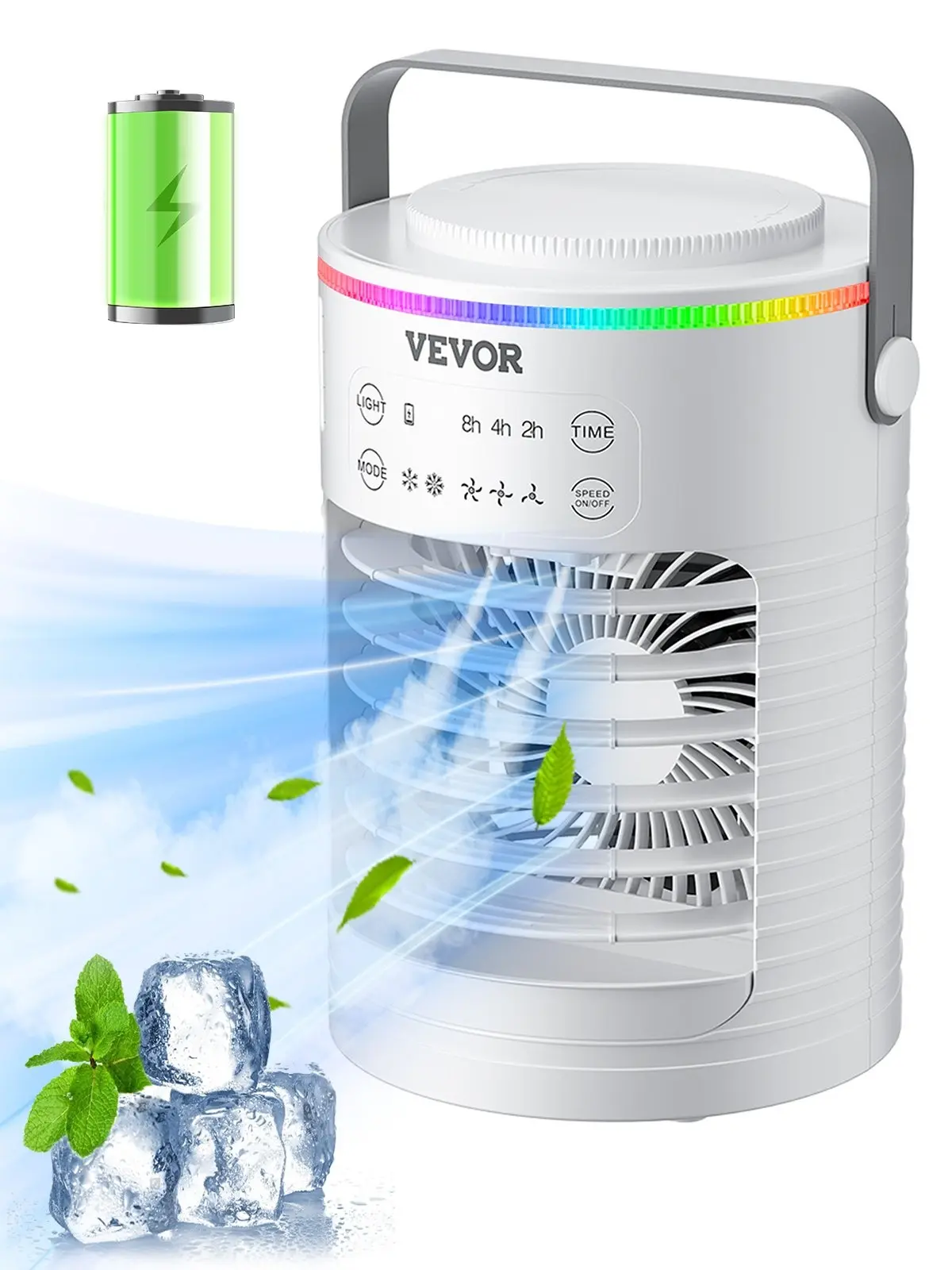 VEVOR Portable Air Conditioner, 4-in-1 Evaporative Air Cooler, 3-Speed Mini Air Conditioner with Smart Timer, 600ml Water Tank, 7-Color Light, Personal Mini Desk AC Fan for Bedroom Office Room