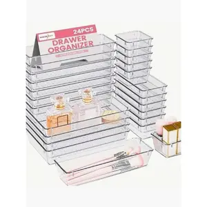 24pcs Clear Plastic Organizer, Acrylic Organizers For Desk, Kitchen Drawer Organizer And Cosmetics Containers, Make Up Organizers For Vanity, Junk Drawer, Vanity Organizer And Brush Holder, Desk & Drawer Organizer For Home Storage
