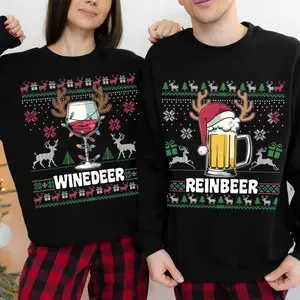 Winedeer Reinbeer Ugly Christmas Sweatshirts, Funny Couple Christmas Shirts, Christmas Sweater, Couples Sweaters, Matching Sweaters