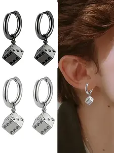 Punk Round Earrings Set, Stainless Steel, Industrial Piercing Jewelry, Polygonal Dice Design, Unisex Accessory