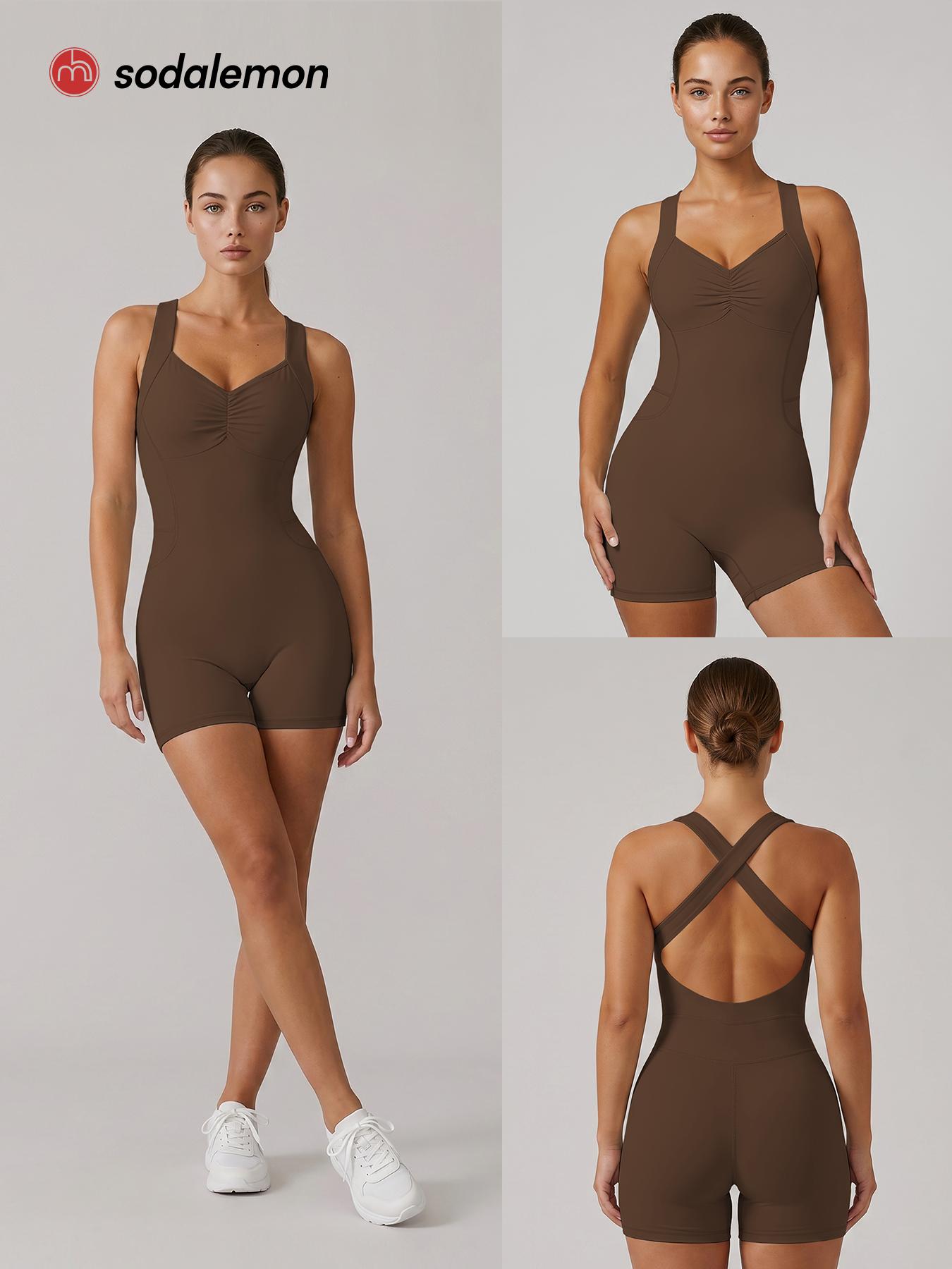 Sodalemon Women’s Workout Romper - Ruched Front, Cross-Back Cut, Sleeveless Fitted Biker Shorts Unitard for Pilates, Gym Fitness