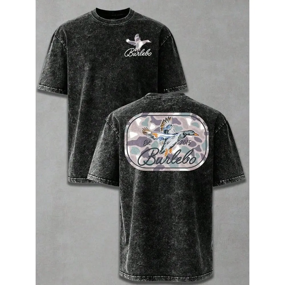 Menswear Camo Duck Vintage Washed Oversized Round Neck T-Shirt - Distressed Short Sleeve, Fabric Soft, Hunting Graphic, Streetwear Casual Sport & Outdoor Top