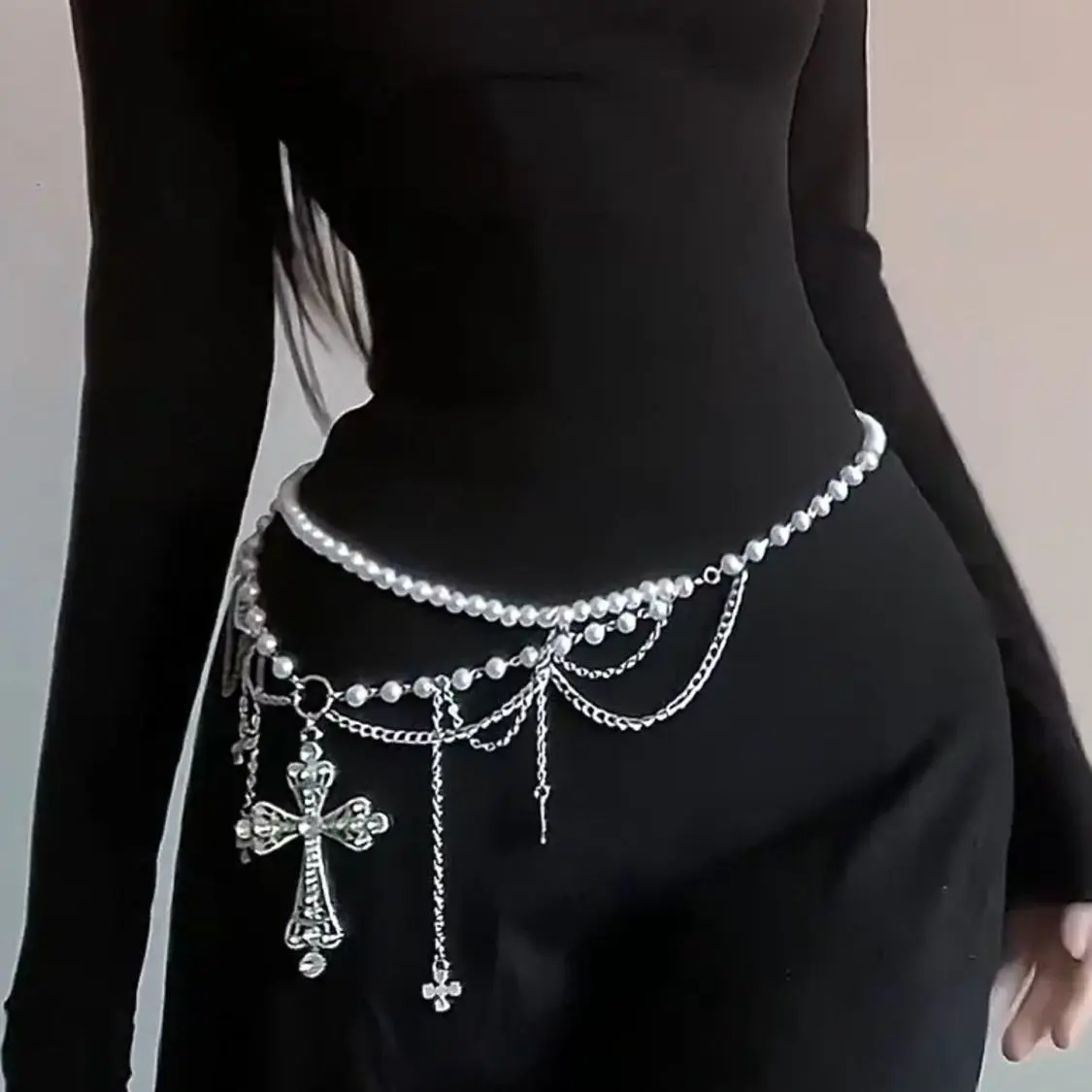 Gothic Cross Pearl Layered Belt Chain – Versatile Edgy Waist Accessory for Y2K & Punk Styles