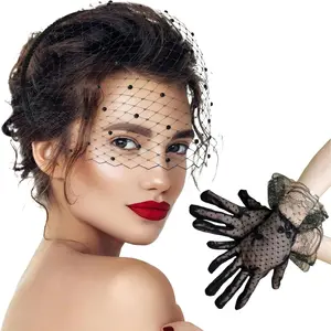 Birdcage Veil, Black Fascinator Veils for Women Face Veil with Black Lace Gloves for Wedding Cocktail Party Girls Birthday Women Clothing Accessories
