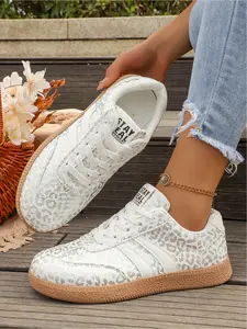 Women Leopard Print Gold Foil Casual Sneakers Retro German Training Style Lace Up Flat Shoes for Daily Wear